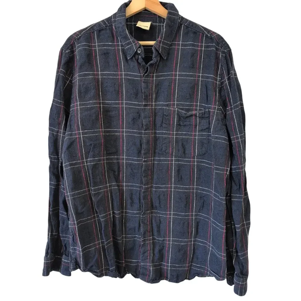 Baldwin Kansas City Flannel Shirt Linen Cotton Del Norte Navy Blue Plaid Mens XL